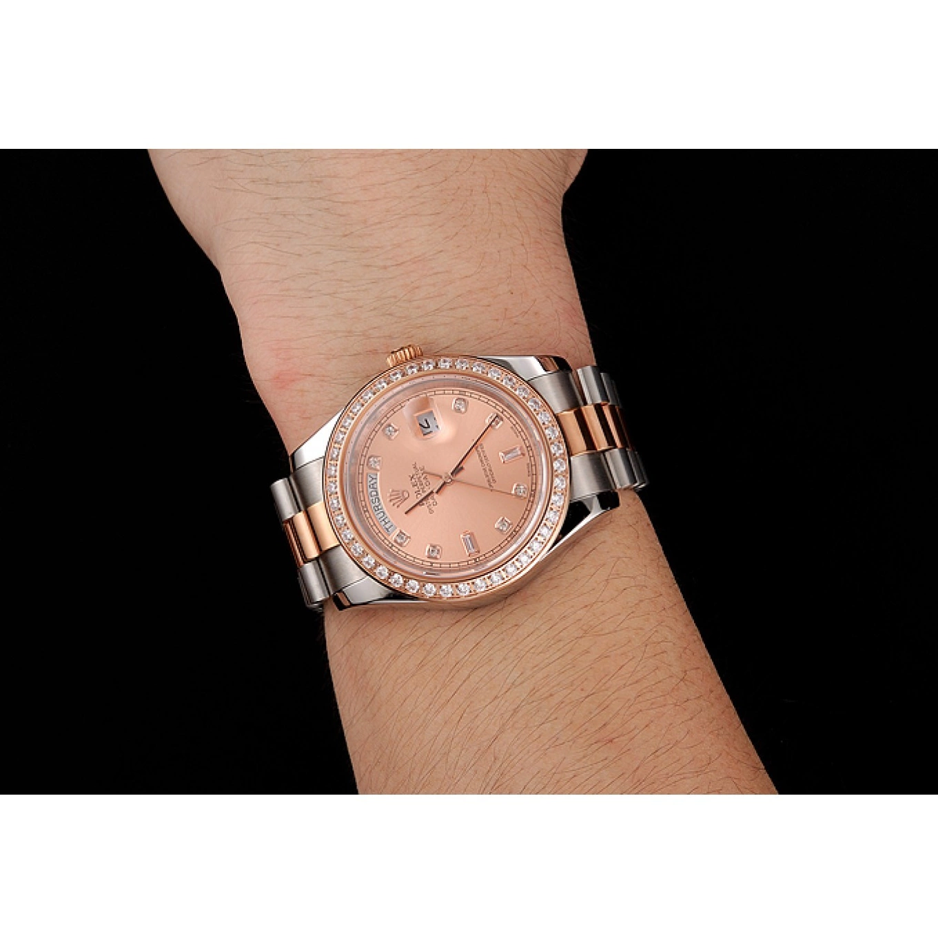 Rolex aaa copy Staineless And Rose Bezel Rolex 1454107 Swiss Bracelet Diamonds Steel Day-Date Gold 0628